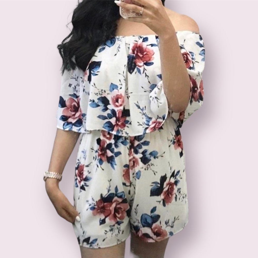 Ces Femme Off the Shoulder White Pink Blue Floral Shorts Romper Flowy